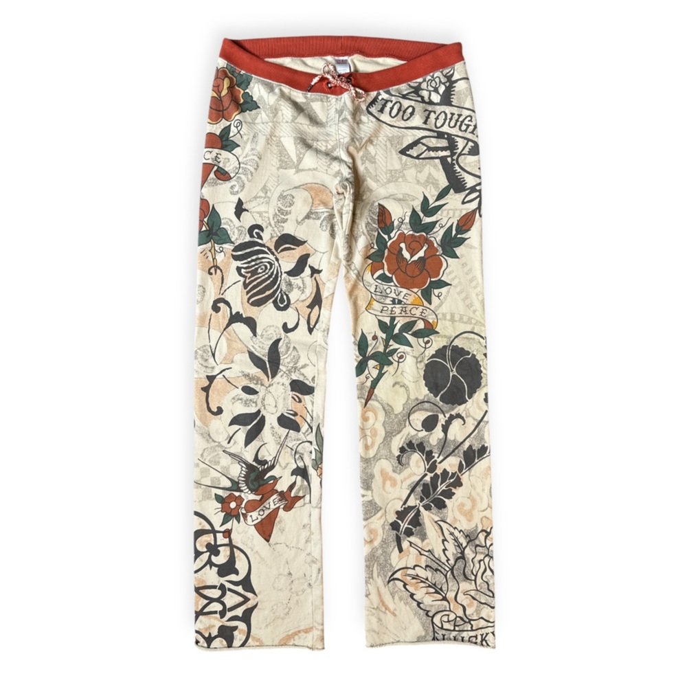 VINTAGE LUCKY BRAND TATTOO PRINT ED HARDY Y2K WIDE LEG SWEATPANTS **RARE** - Picture 2 of 12